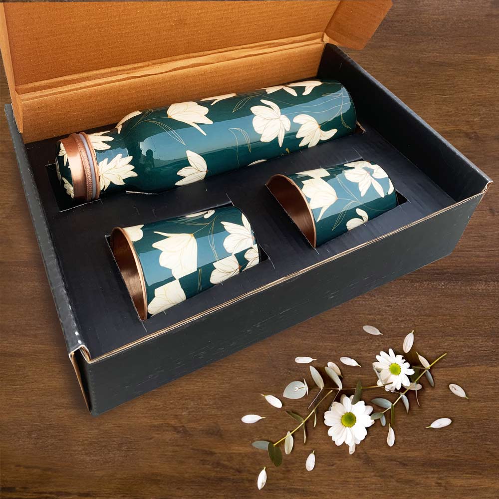Green Copper Bottle with Glass set of 2 Gift Box