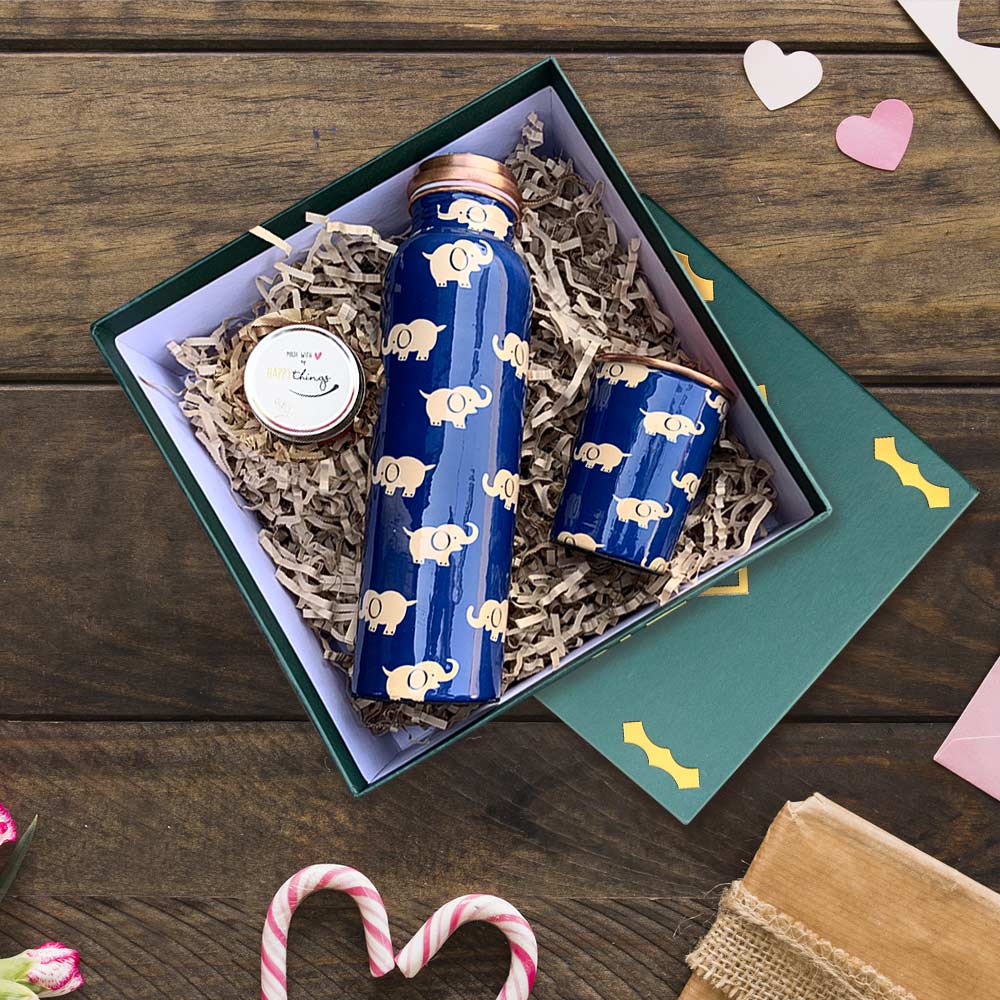 Green Gift Box with Elephant Pattern Copper Bottle & Meena Glass