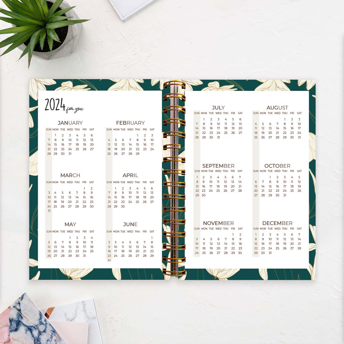 2024 White Lily Green Planner & Zig Zag Design Diary Combo