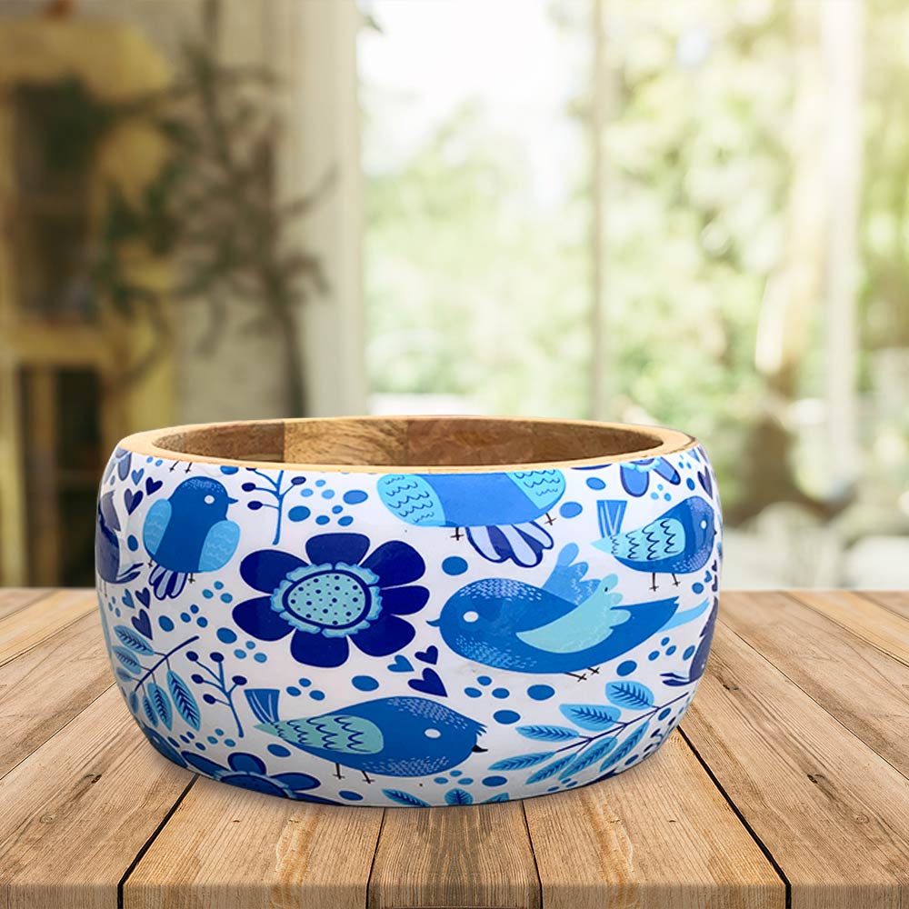 Blue Bird Motif Wooden Bowl Combo