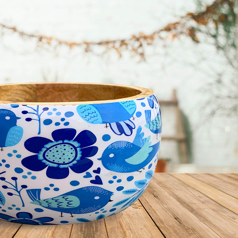 Large Blue Bird Motif Wooden Bowl