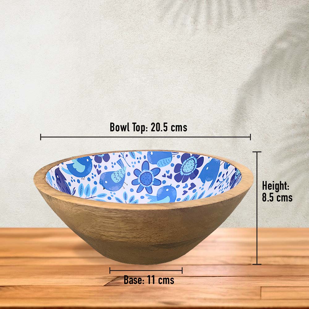 Blue Bird Motif Wooden Bowl Combo