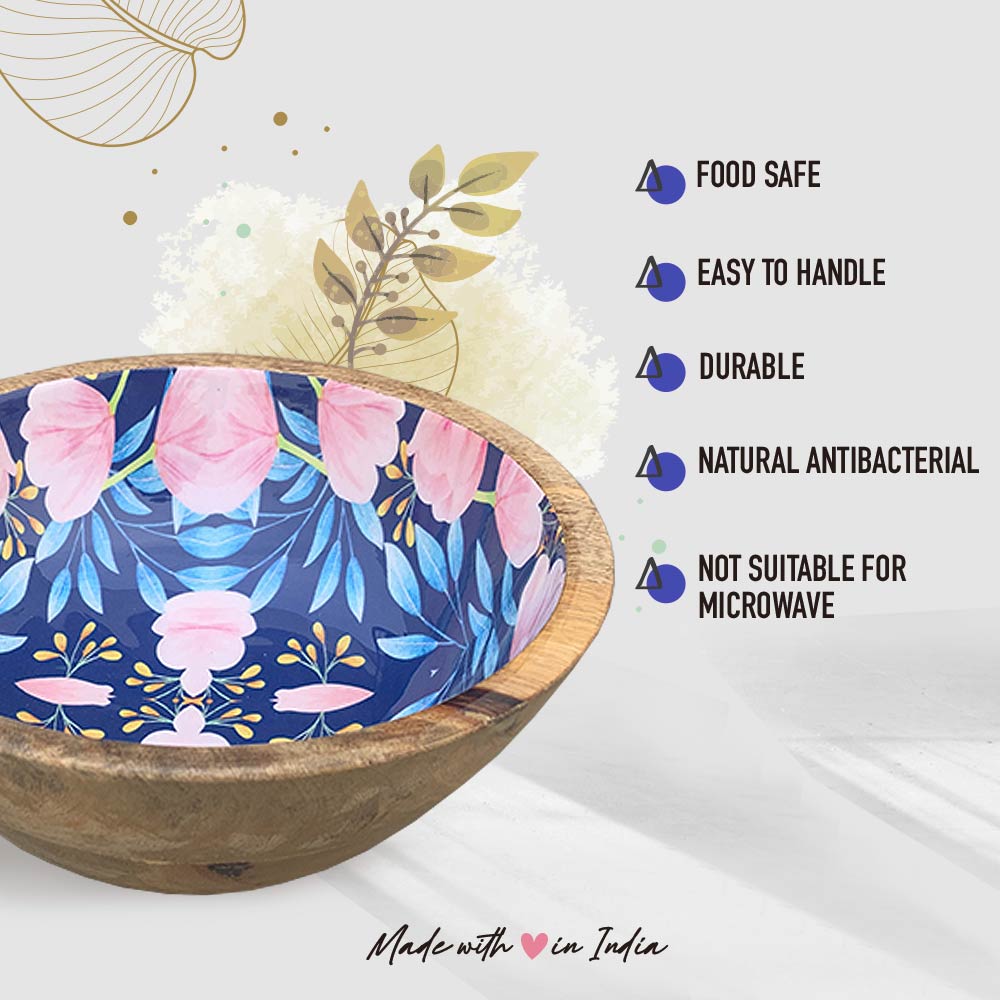 Blue Floral Motif Wooden Bowl Combo