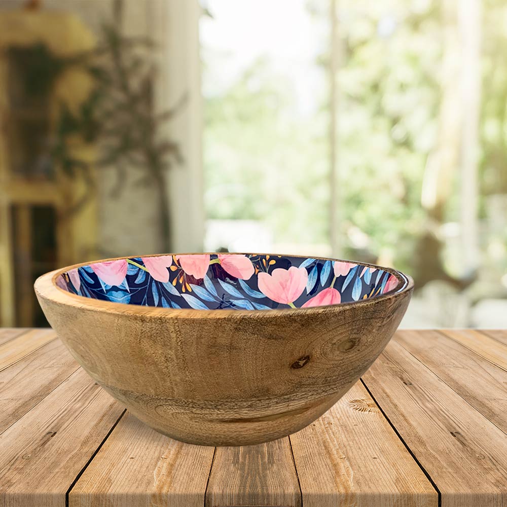 Blue Floral Motif Wooden Bowl Combo
