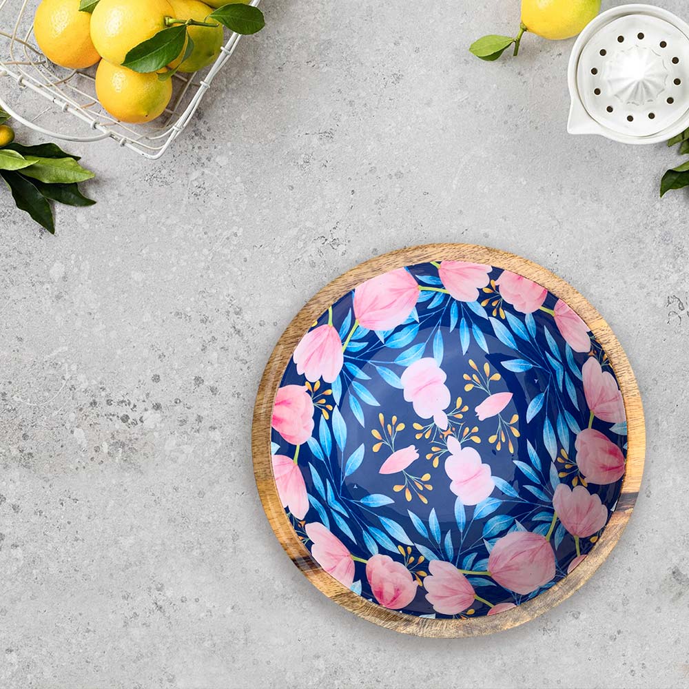 Blue Floral Motif Wooden Bowl Combo