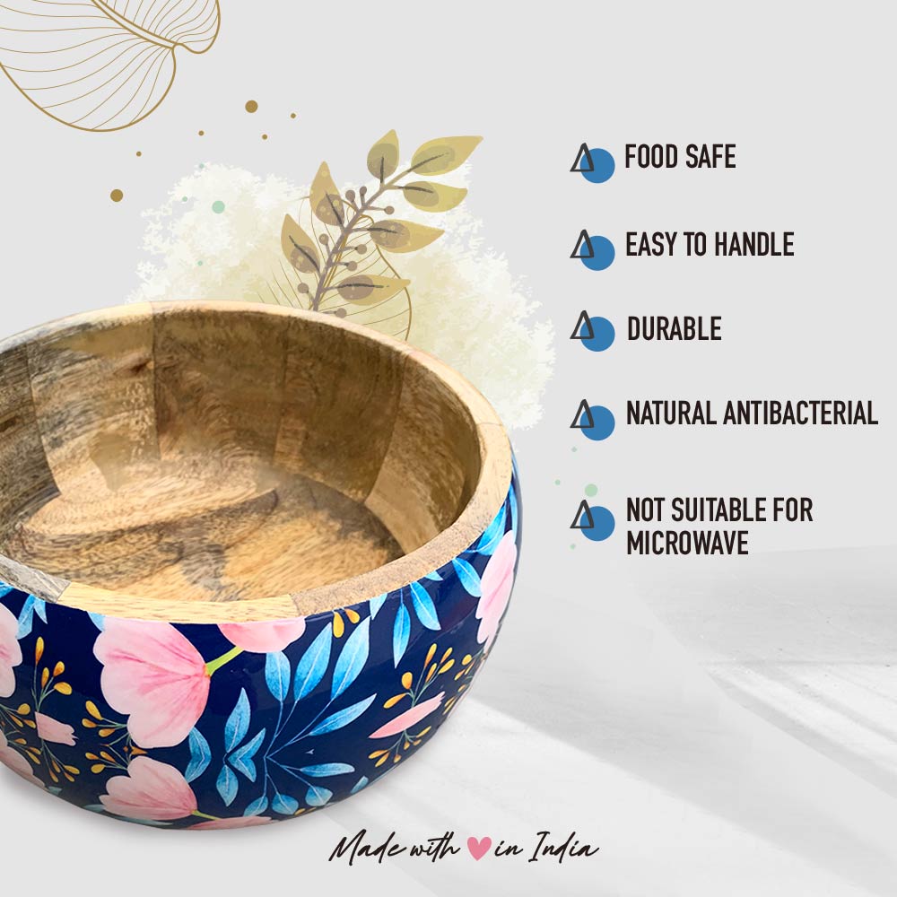 Large Blue Floral Pattern Wooden Bowl