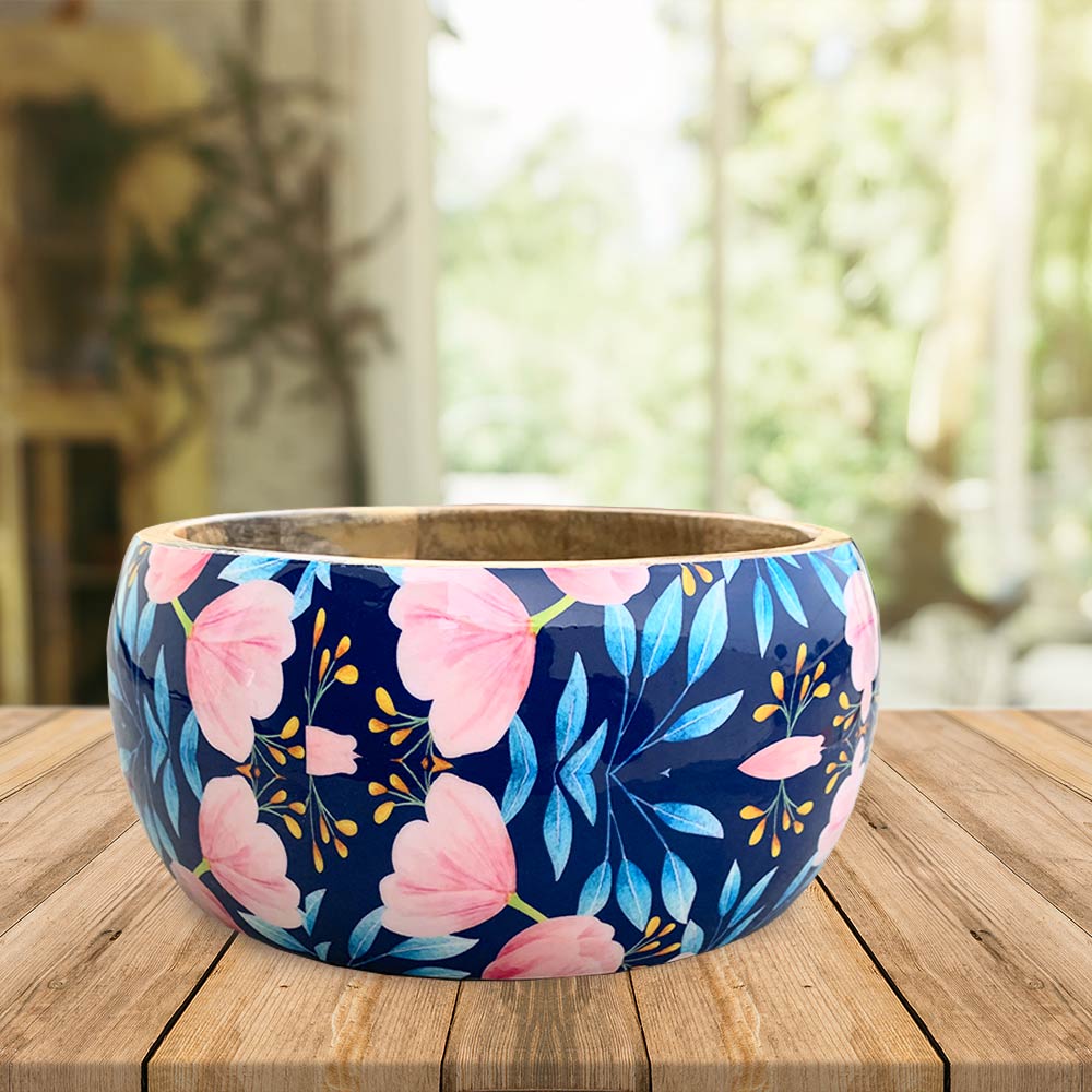 Blue Floral Motif Wooden Bowl Combo