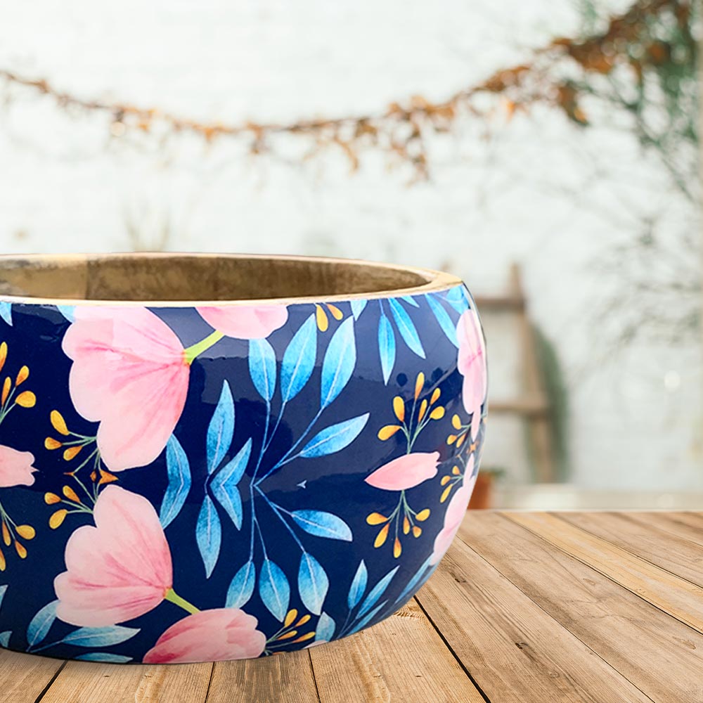 Large Blue Floral Pattern Wooden Bowl