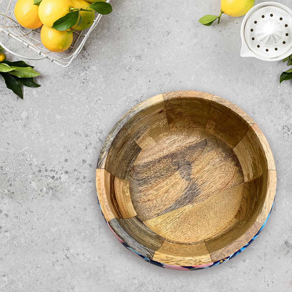 Large Blue Floral Pattern Wooden Bowl