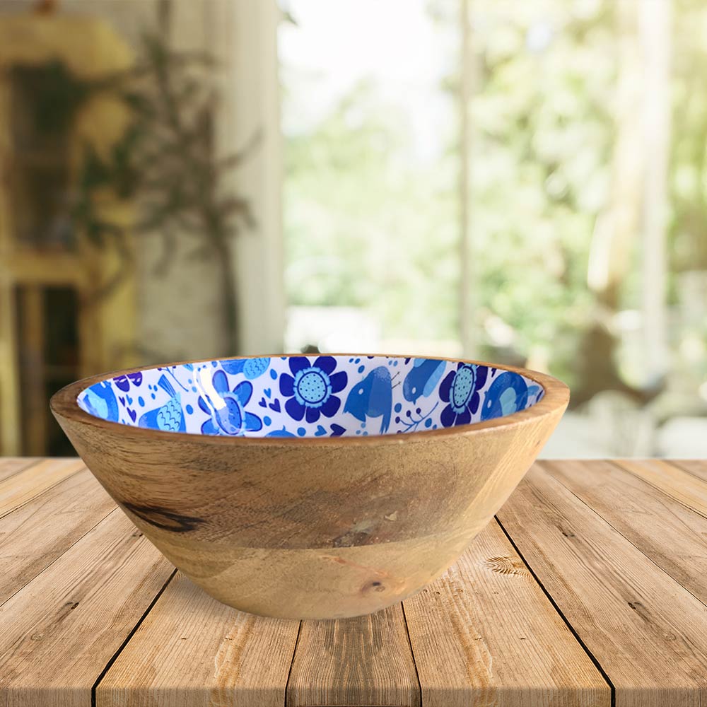 Blue Bird Motif Wooden Bowl Combo