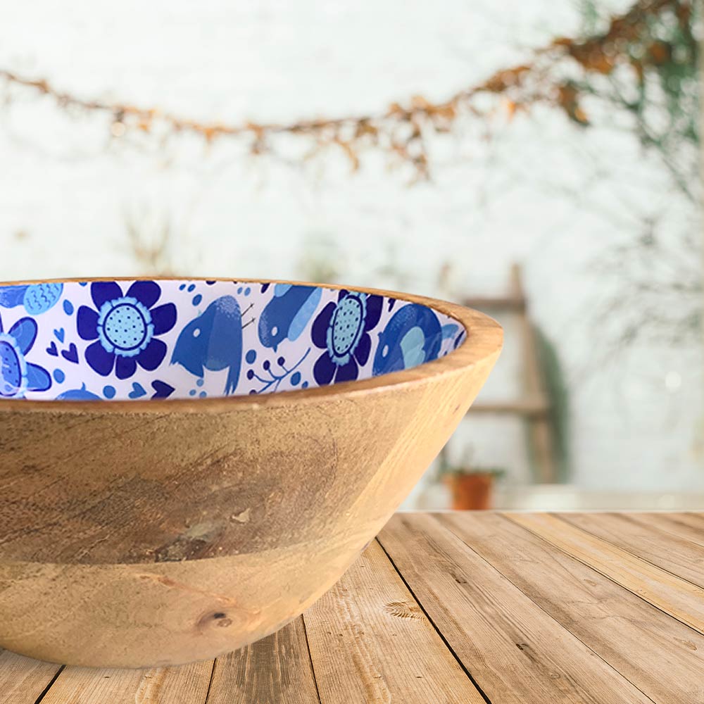 Large Blue Bird Motif Wooden Bowl