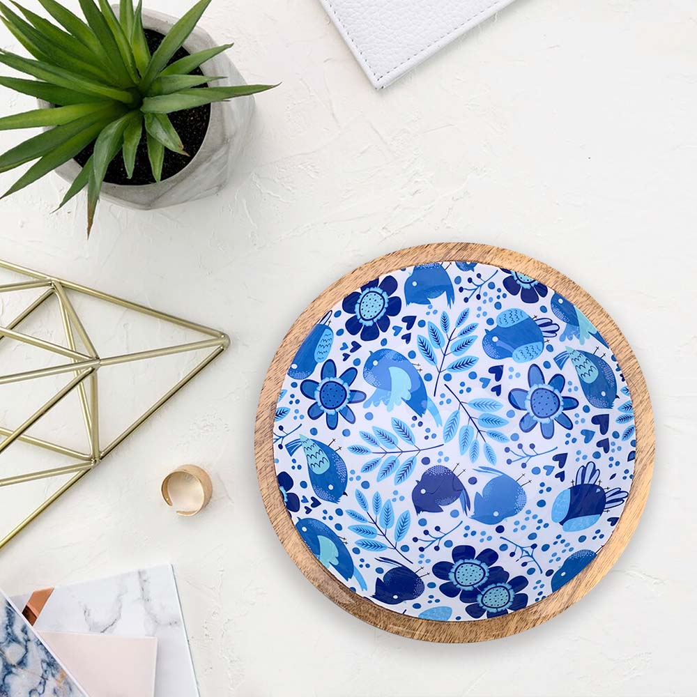 Blue Bird Motif Wooden Bowl Combo