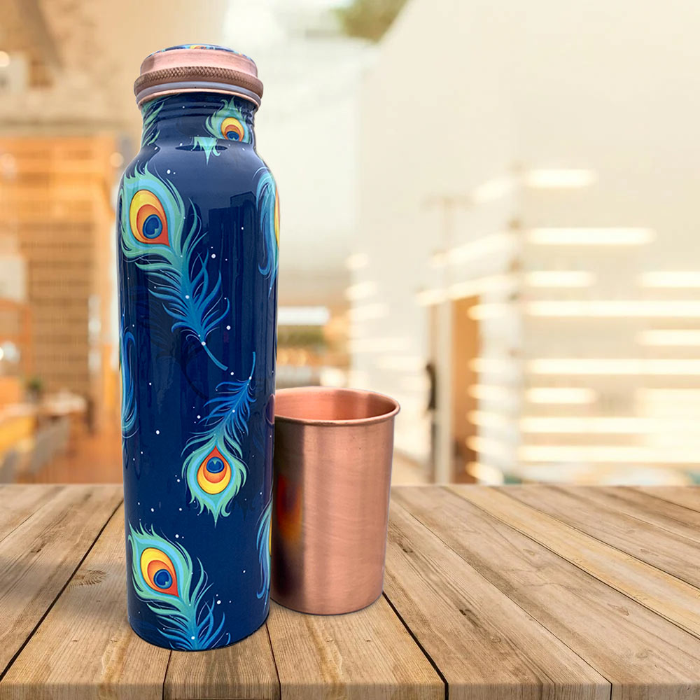 Peacock Motif "Krishna" Copper Bottle & Glass Gift Box Set