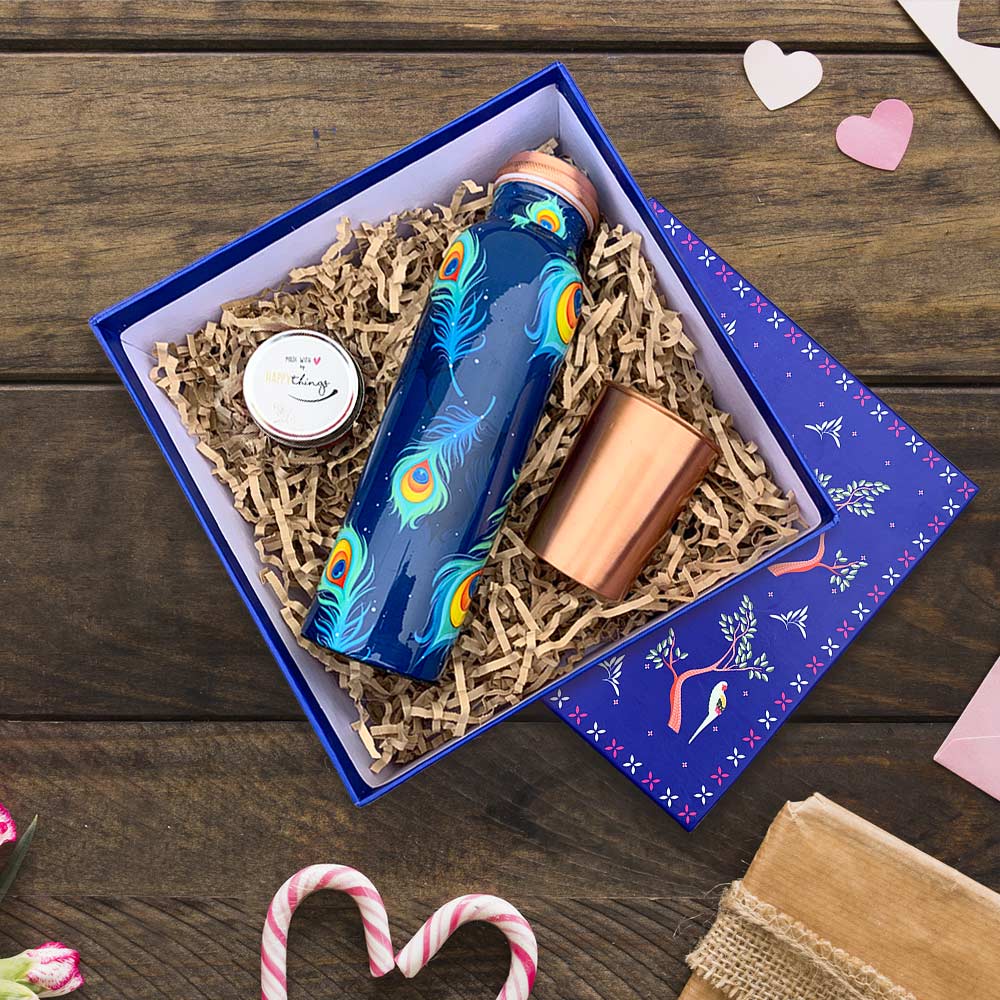 Peacock Motif "Krishna" Copper Bottle & Glass Gift Box Set