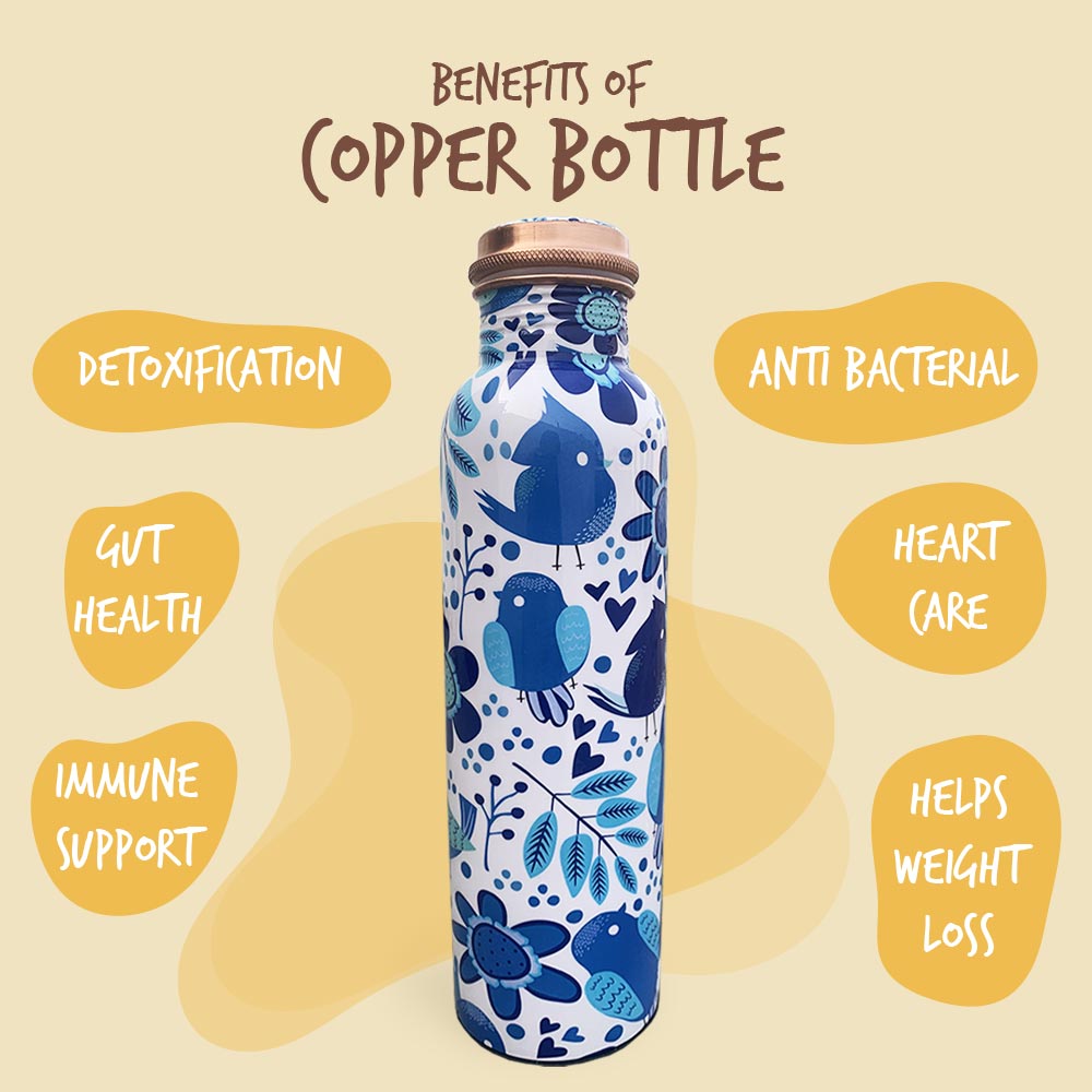 Blue Chirpy Bird Pattern Meenakari Copper Bottle & Glass Gift Box