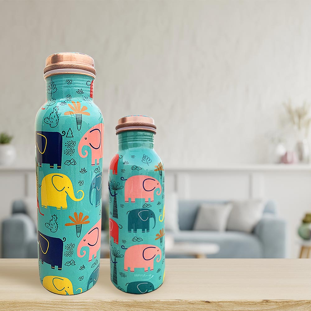 1L + 750ml Cool Elephant Pattern Meenakari Copper Bottle Combo