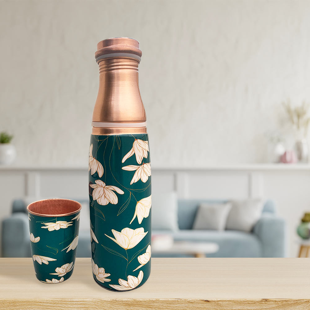 Green Motif Glass Bottle Meenakari Copper Bottle