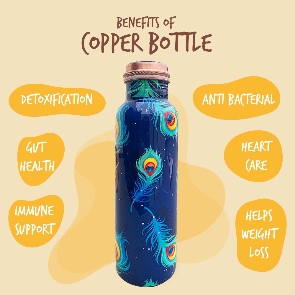 Peacock Motif "Krishna" Copper Bottle & Glass Gift Box Set