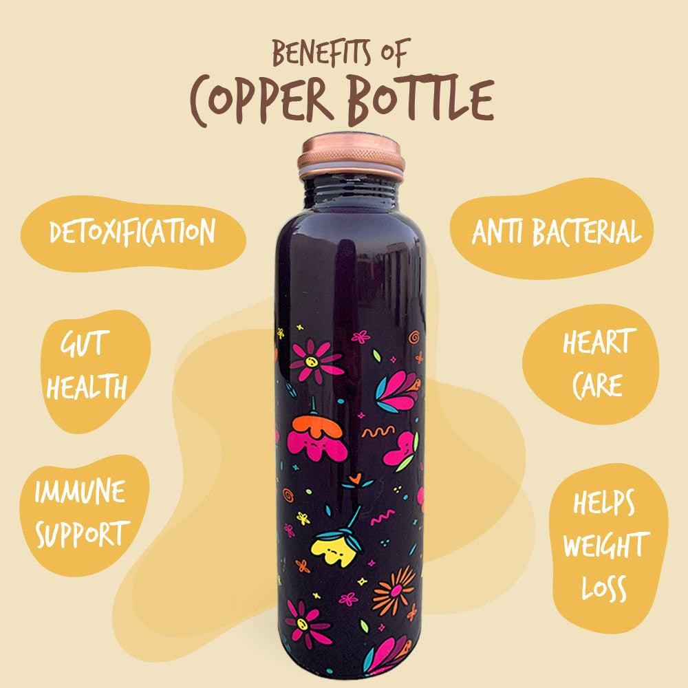 Quirky Cute Floral Pattern Deep Wine Meenakari Copper Bottle