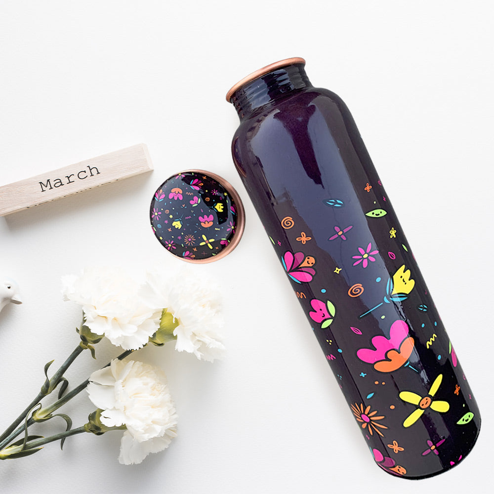 Quirky Cute Floral Pattern Deep Wine Meenakari Copper Bottle
