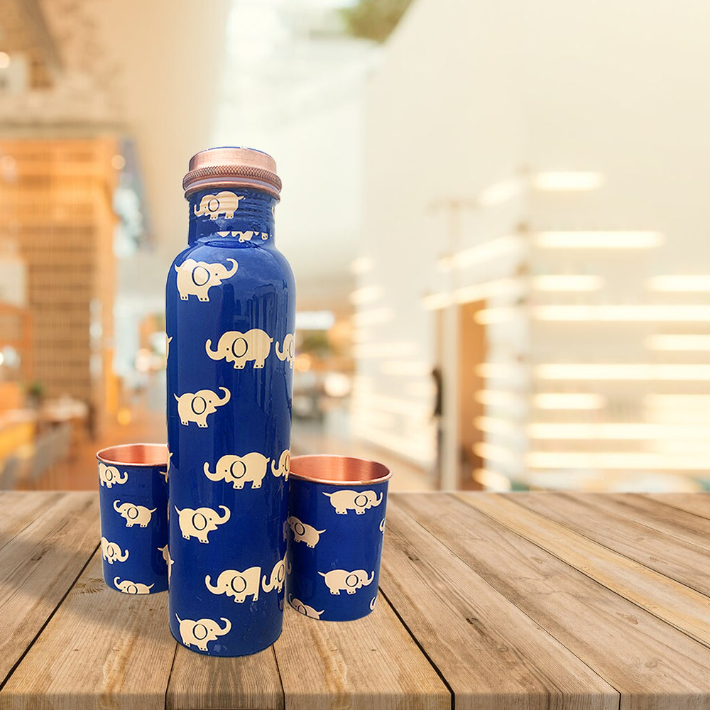 Elephant Pattern Copper Bottle with Glass set of 2 Gift Box