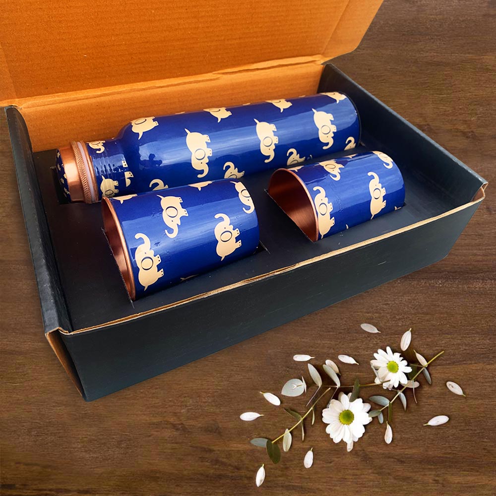 Elephant Pattern Copper Bottle with Glass set of 2 Gift Box