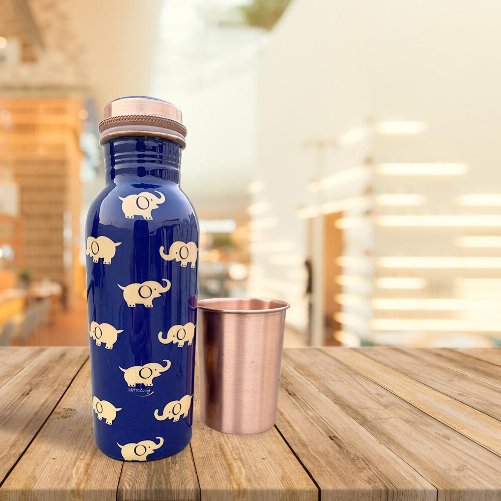 Red Gift Box with Blue Elephant Motif 750ML Copper Bottle & Glass