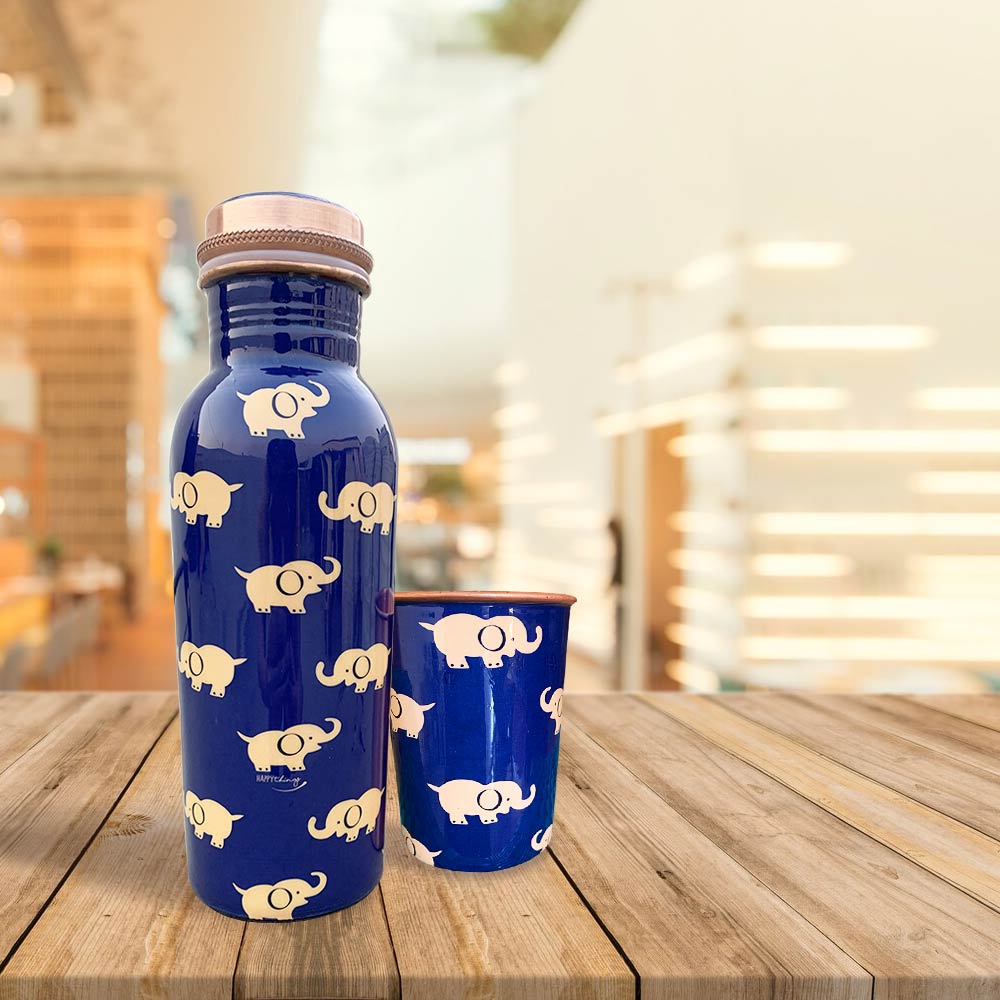 The Ethnic Gold Foil Gift Box with Blue Elephant Motif 750ML Copper Bottle & Glass