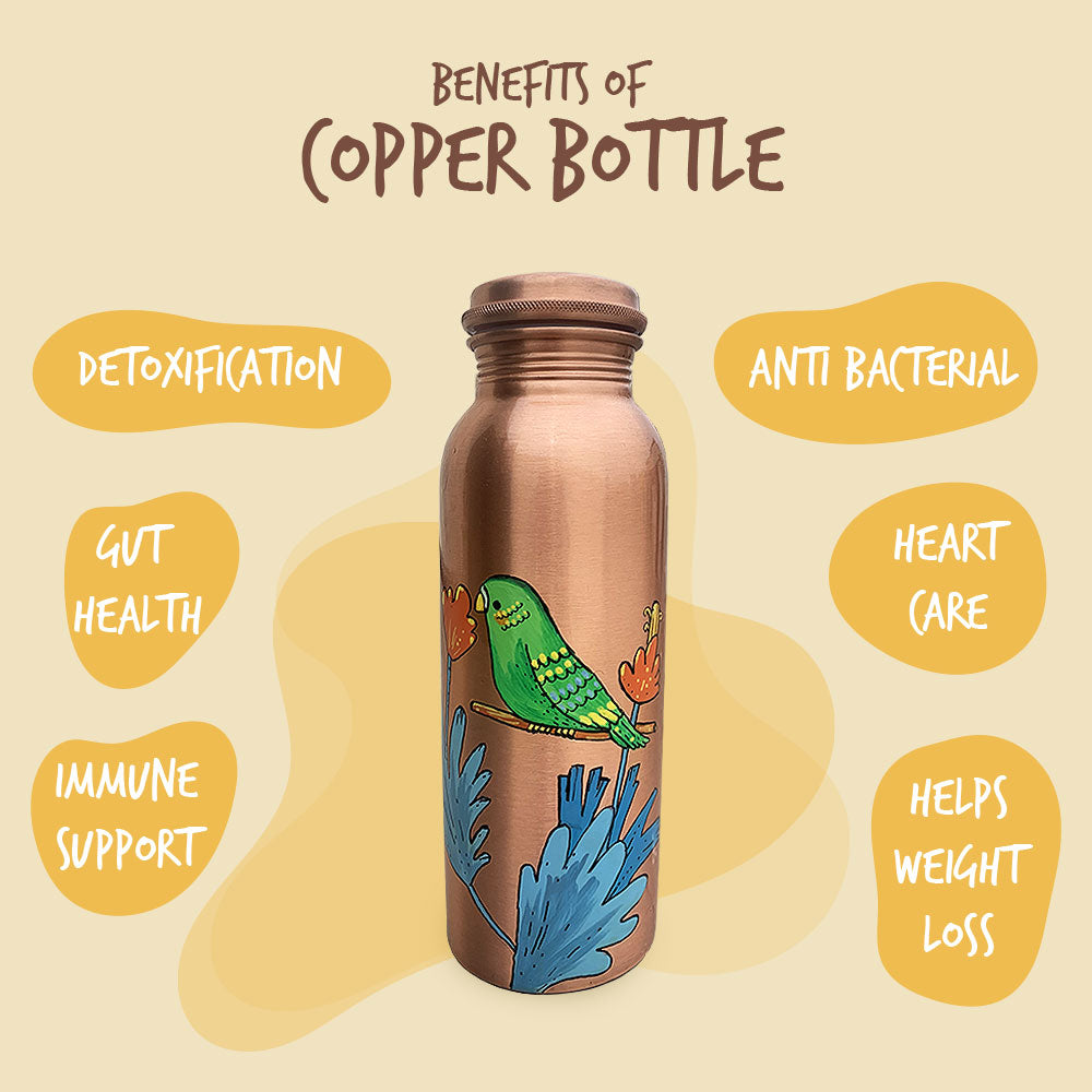 750ml Green Parrot Motif Hand-Painted Copper Bottle