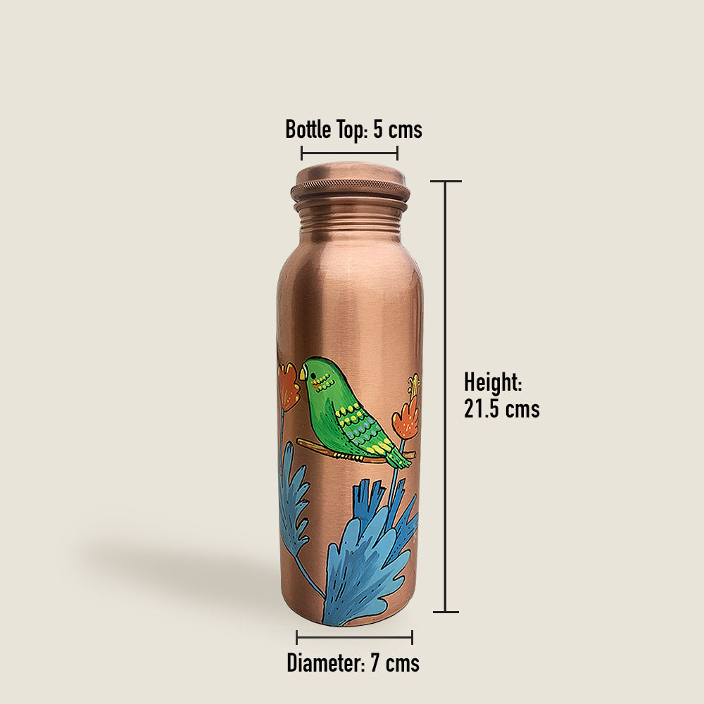 750ml Green Parrot Motif Hand-Painted Copper Bottle