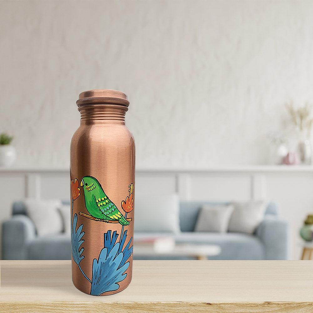 750ml Green Parrot Motif Hand-Painted Copper Bottle