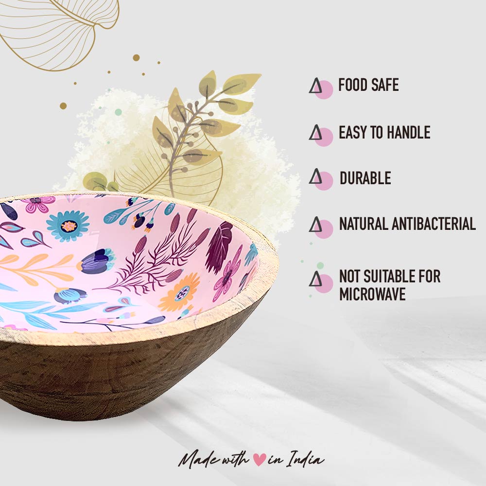 Pink Floral Motif Wooden Bowl Combo