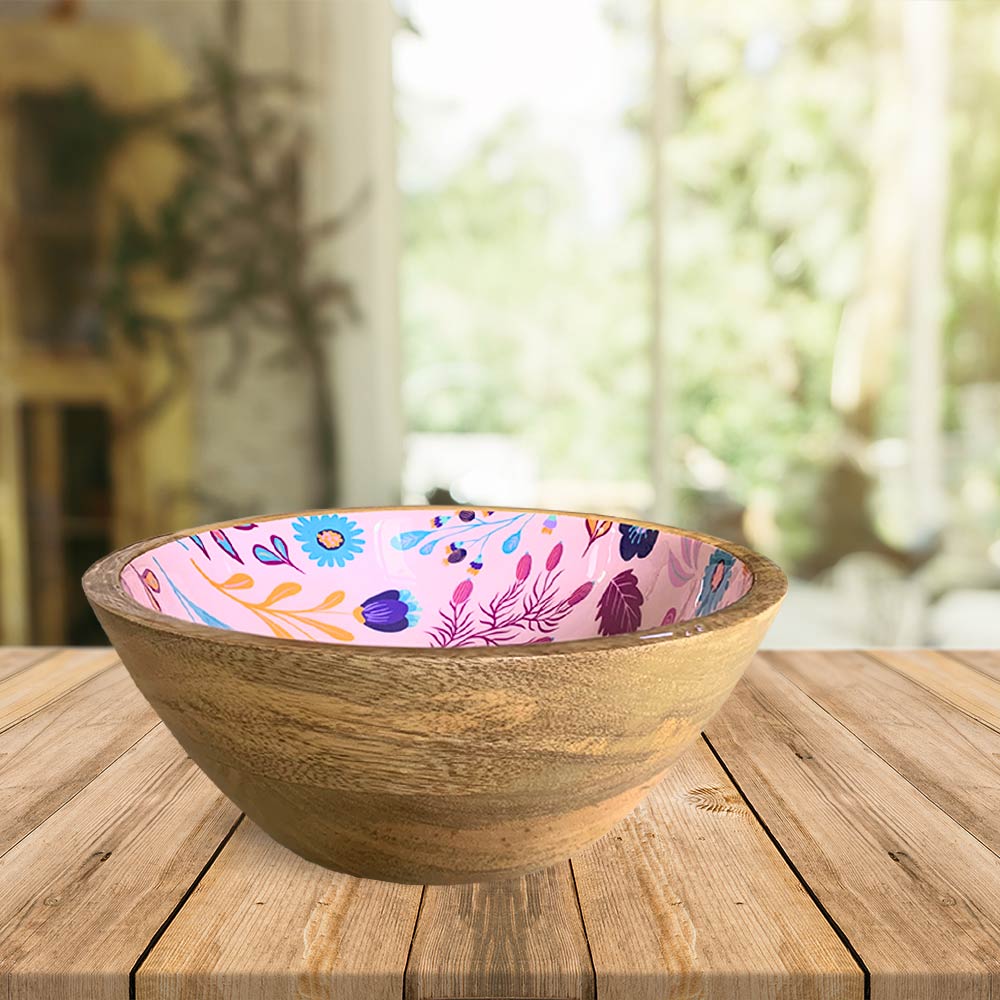 Pink Floral Motif Wooden Bowl Combo