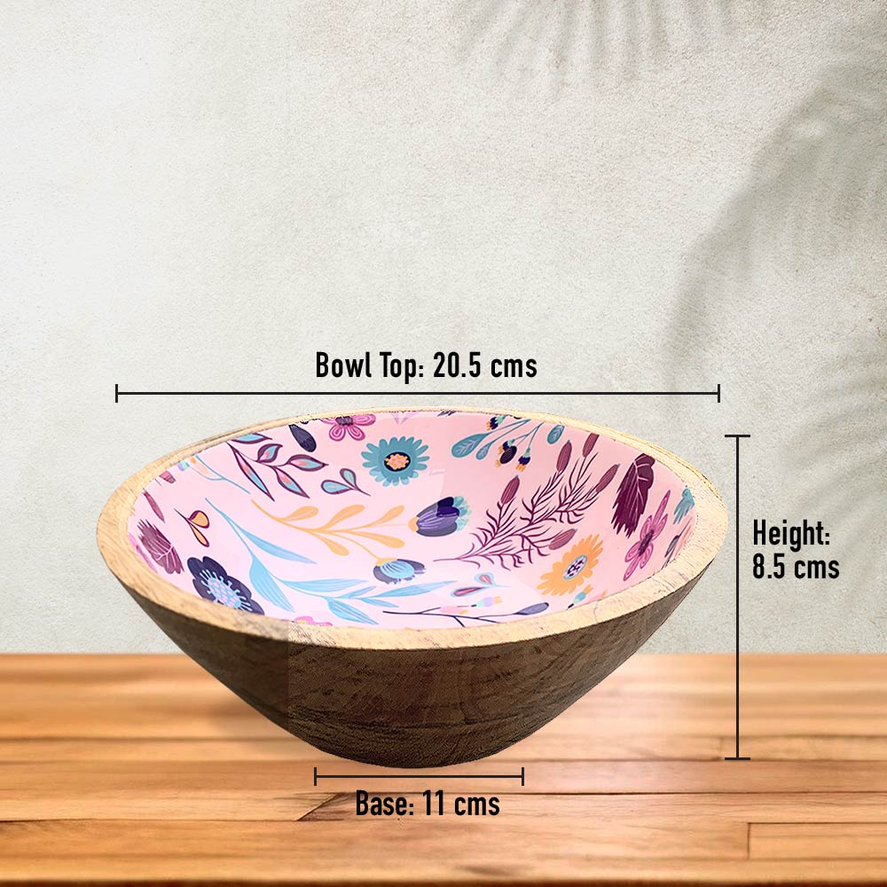 Large Pink Floral Motif Wooden Bowl