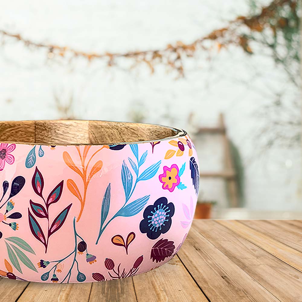 Large Pink Floral Pattern Wooden Bowl