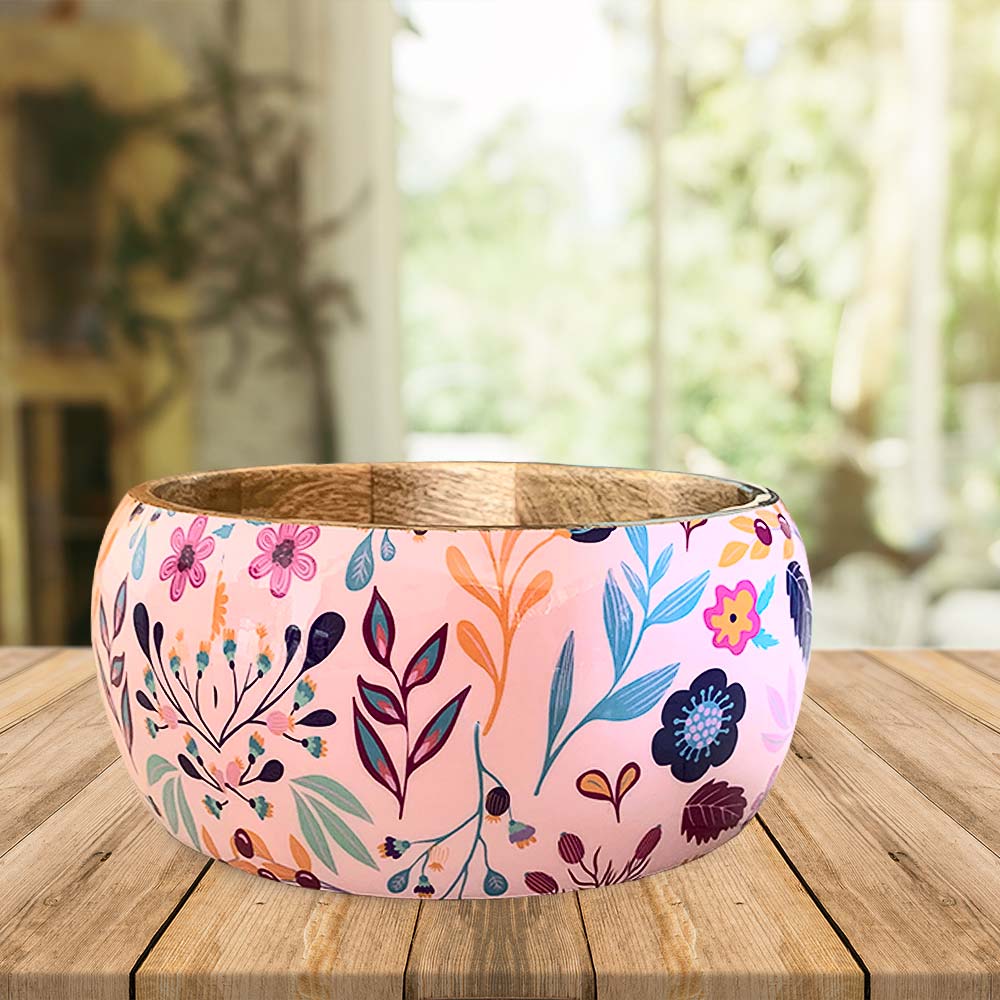 Pink Floral Motif Wooden Bowl Combo