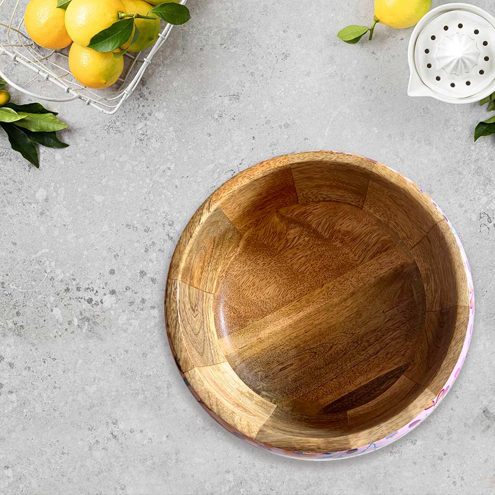 Large Pink Floral Pattern Wooden Bowl