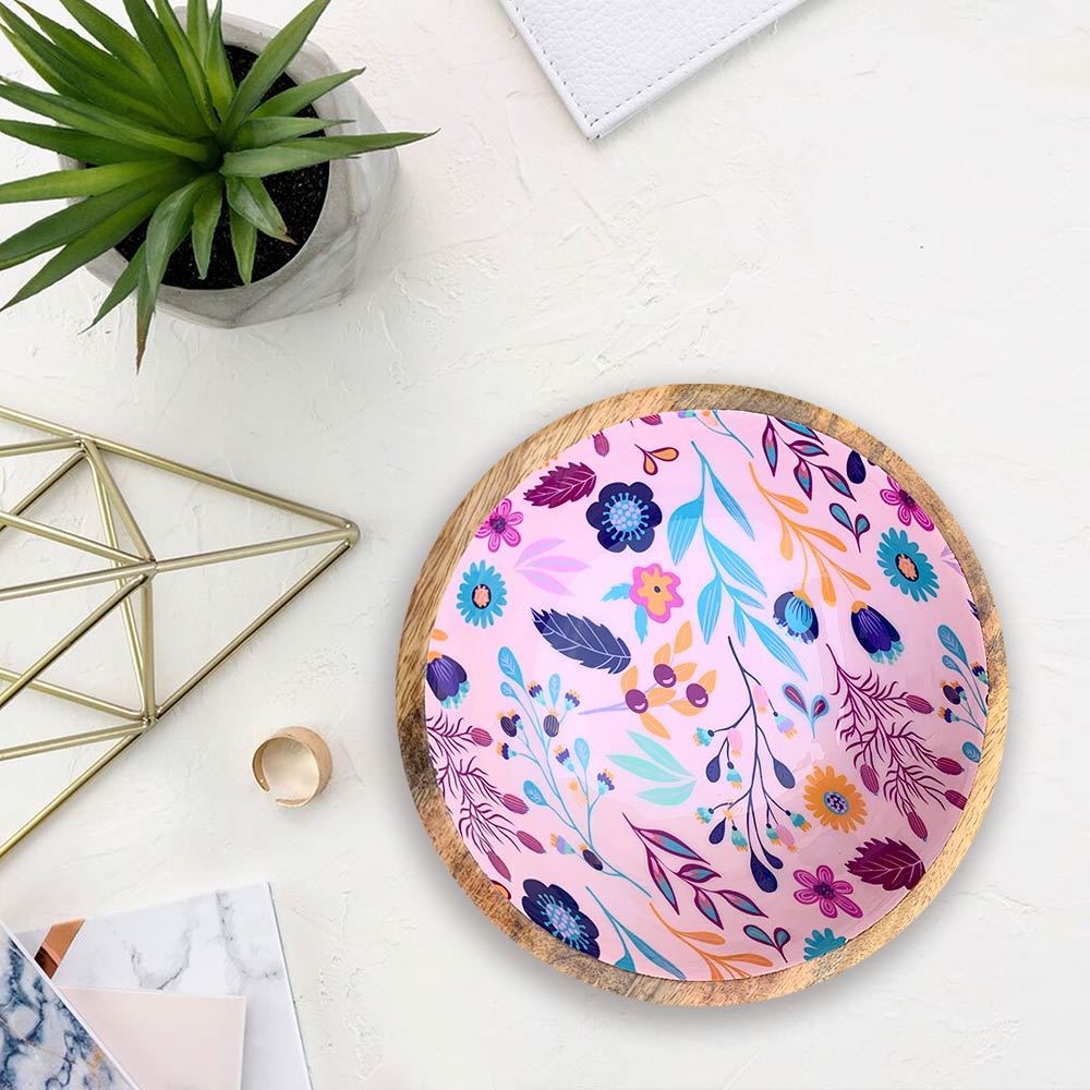 Pink Floral Motif Wooden Bowl Combo