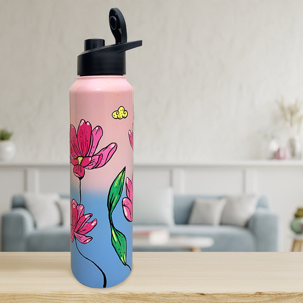 1L Lotus Pattern Hand-Painted Steel Bottle