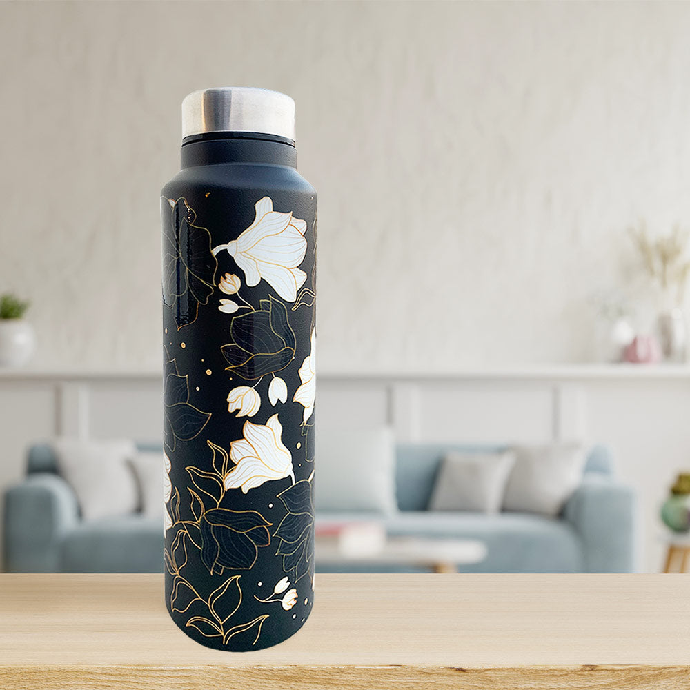 Black Floral Pattern Steel Bottle