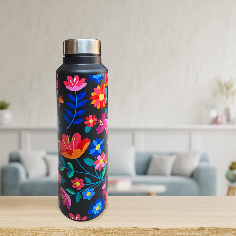 Black Floral Pattern Steel Bottle