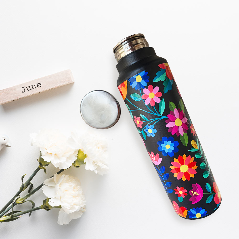 Black Floral Pattern Steel Bottle