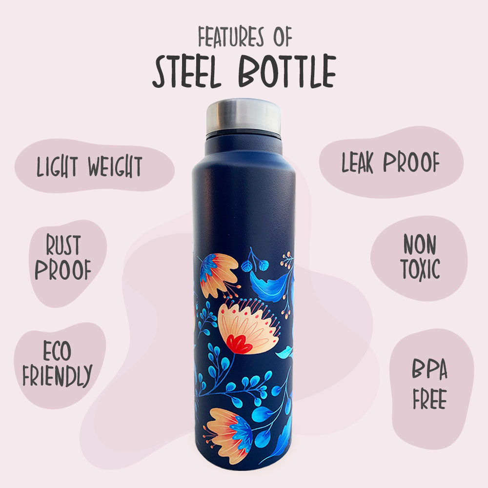 Blue Floral Pattern Steel Bottle