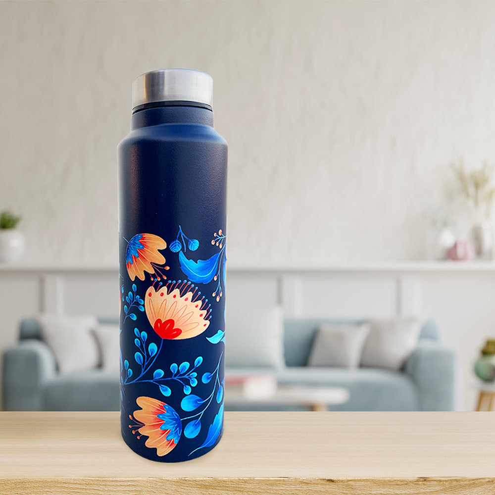 Blue Floral Pattern Steel Bottle