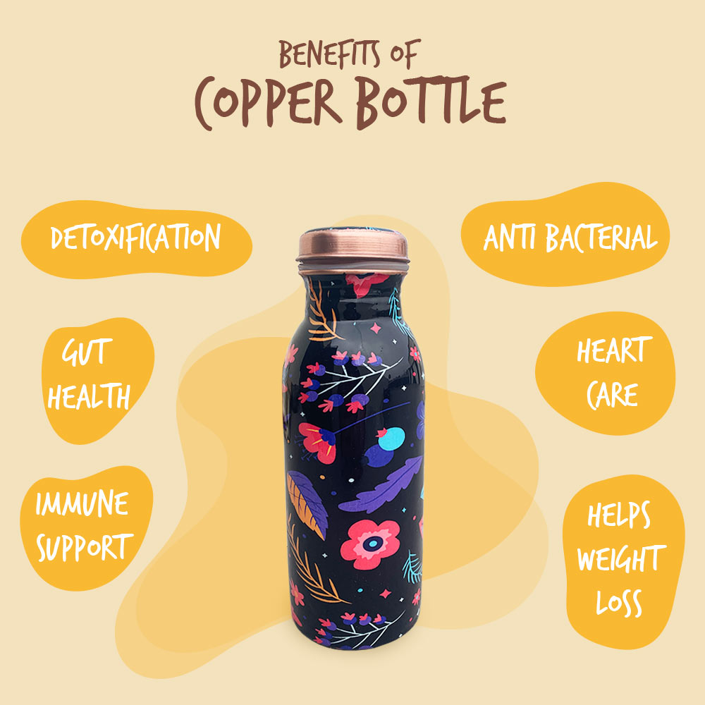 500 ML Small Black Floral Pattern Meenakari Copper Bottle