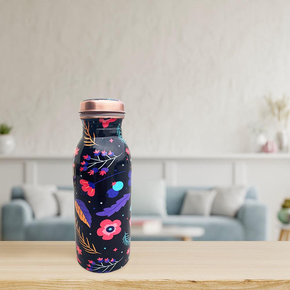 500 ML Small Black Floral Pattern Meenakari Copper Bottle