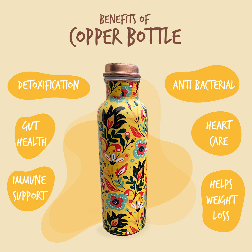 Yellow Indian Pattern Meenakari Copper Bottle and Glass Set