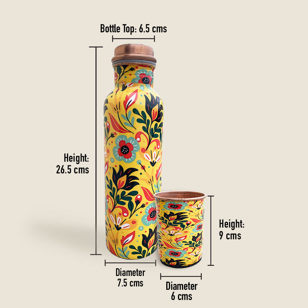 Yellow Indian Pattern Meenakari Copper Bottle and Glass Set