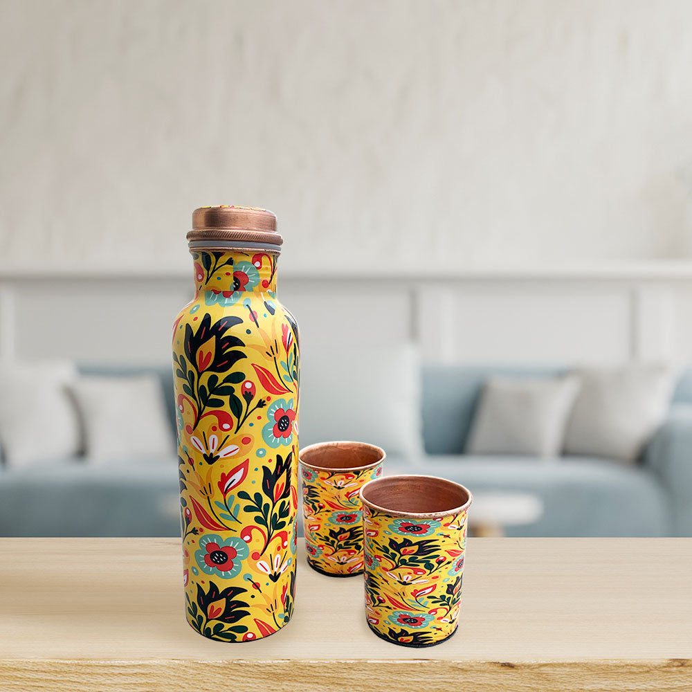 Yellow Indian Pattern Meenakari Copper Bottle and Glass Set