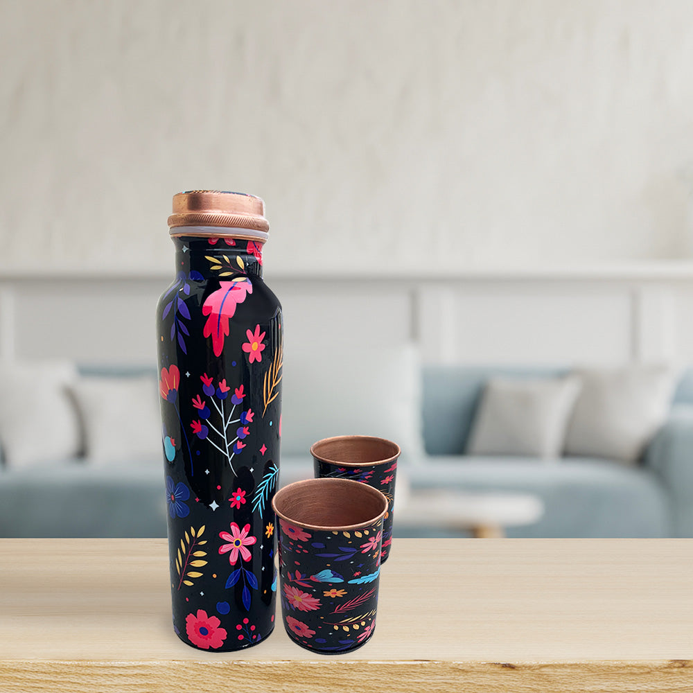 Black Meenakari Copper Bottle and Glass Set